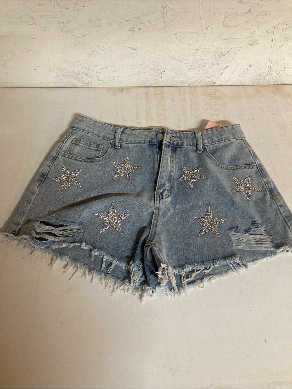 SHEIN Light Blue Denim Star Patch Ripped Shorts